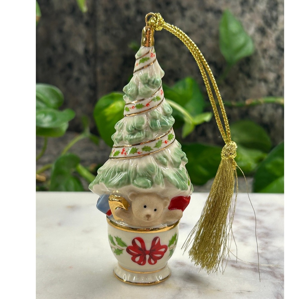 Lenox Porcelain Christmas Tree Teddy Bear Teacup Ornament Gold Trim Tassel